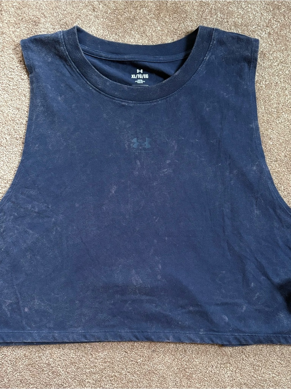 Under Armour Women’s distressed navy blue print crop workout tank top XL NWT